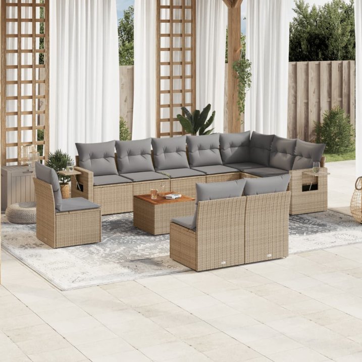 11-tlg. Garten-Sofagarnitur mit Kissen Schwarz Poly Rattan