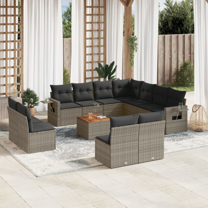 12-tlg. Garten-Sofagarnitur mit Kissen Schwarz Poly Rattan