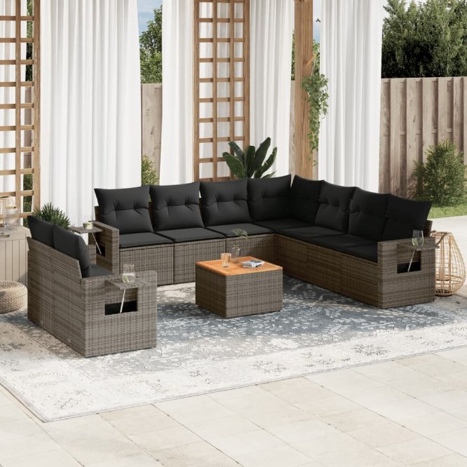 vidaXL 10-tlg. Garten-Sofagarnitur mit Kissen Schwarz Poly Rattan