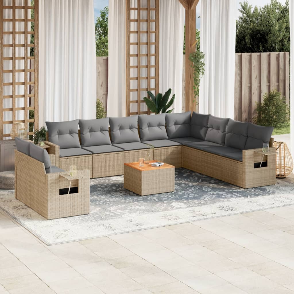11-tlg. Garten-Sofagarnitur mit Kissen Schwarz Poly Rattan