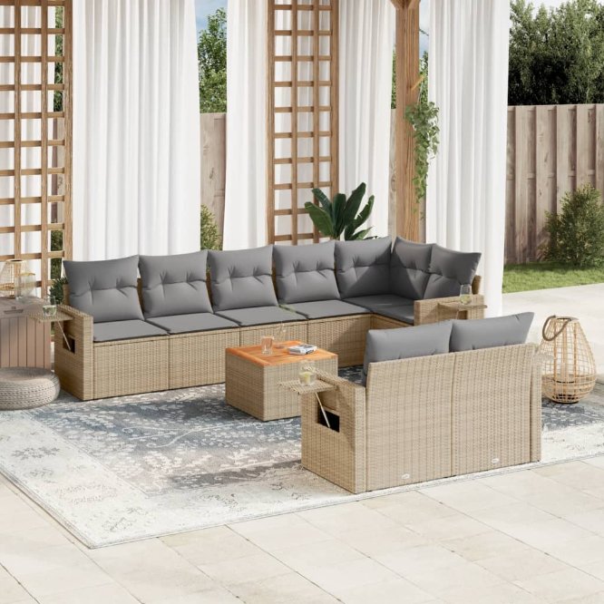 9-tlg. Garten-Sofagarnitur mit Kissen Schwarz Poly Rattan