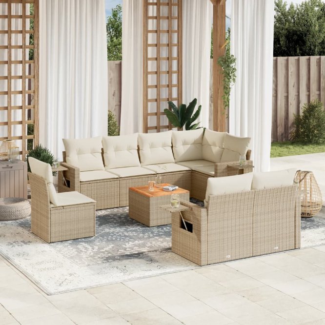 9-tlg. Garten-Sofagarnitur mit Kissen Schwarz Poly Rattan