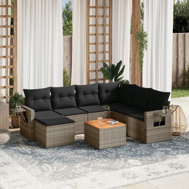 8-tlg. Garten-Sofagarnitur mit Kissen Schwarz Poly Rattan