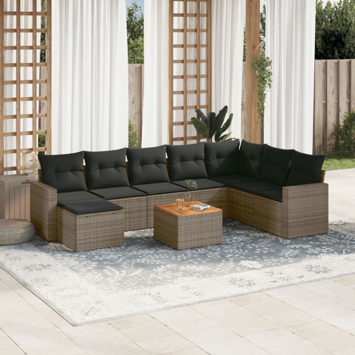 9-tlg. Garten-Sofagarnitur mit Kissen Schwarz Poly Rattan