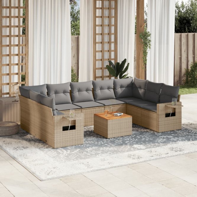 vidaXL 10-tlg. Garten-Sofagarnitur mit Kissen Schwarz Poly Rattan