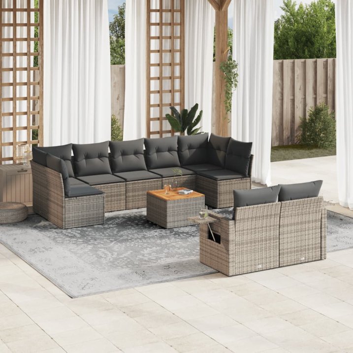 vidaXL 10-tlg. Garten-Sofagarnitur mit Kissen Schwarz Poly Rattan