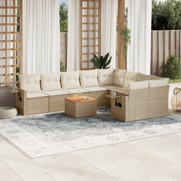 vidaXL 10-tlg. Garten-Sofagarnitur mit Kissen Schwarz Poly Rattan