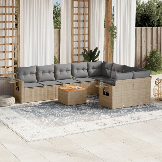 vidaXL 10-tlg. Garten-Sofagarnitur mit Kissen Schwarz Poly Rattan