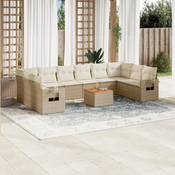 11-tlg. Garten-Sofagarnitur mit Kissen Schwarz Poly Rattan
