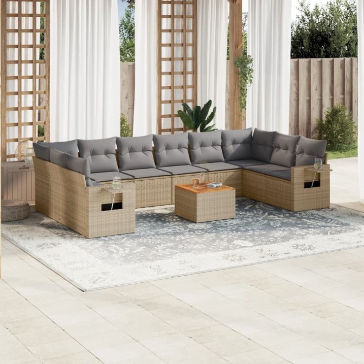 11-tlg. Garten-Sofagarnitur mit Kissen Schwarz Poly Rattan