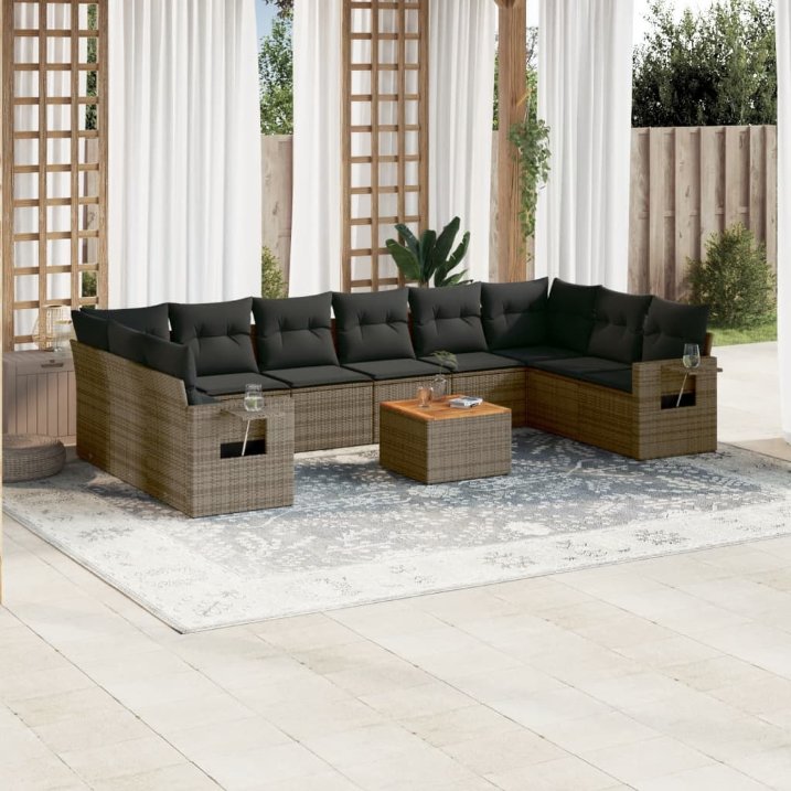 11-tlg. Garten-Sofagarnitur mit Kissen Schwarz Poly Rattan