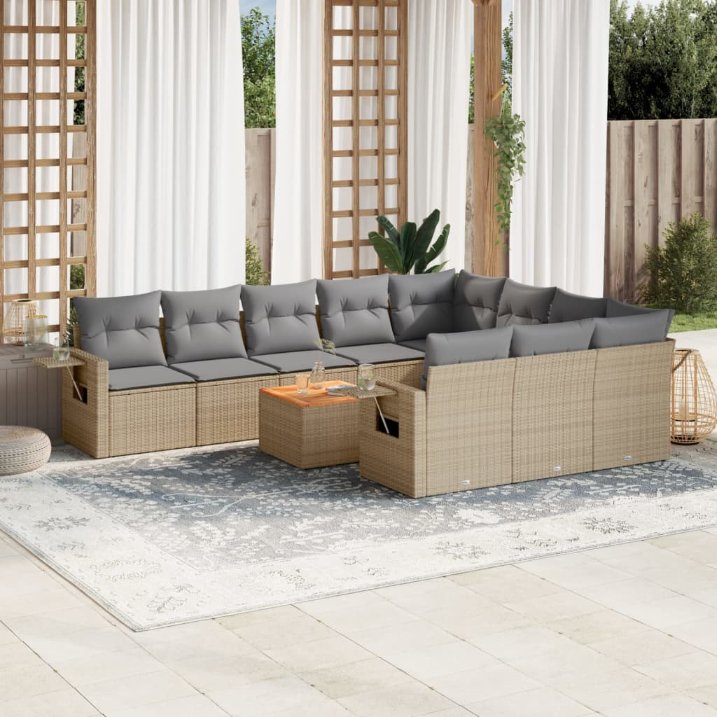 11-tlg. Garten-Sofagarnitur mit Kissen Schwarz Poly Rattan