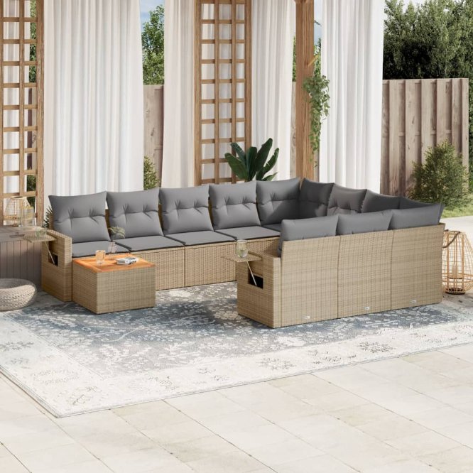 11-tlg. Garten-Sofagarnitur mit Kissen Schwarz Poly Rattan