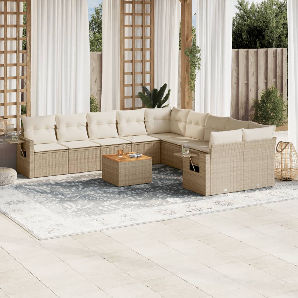 11-tlg. Garten-Sofagarnitur mit Kissen Schwarz Poly Rattan