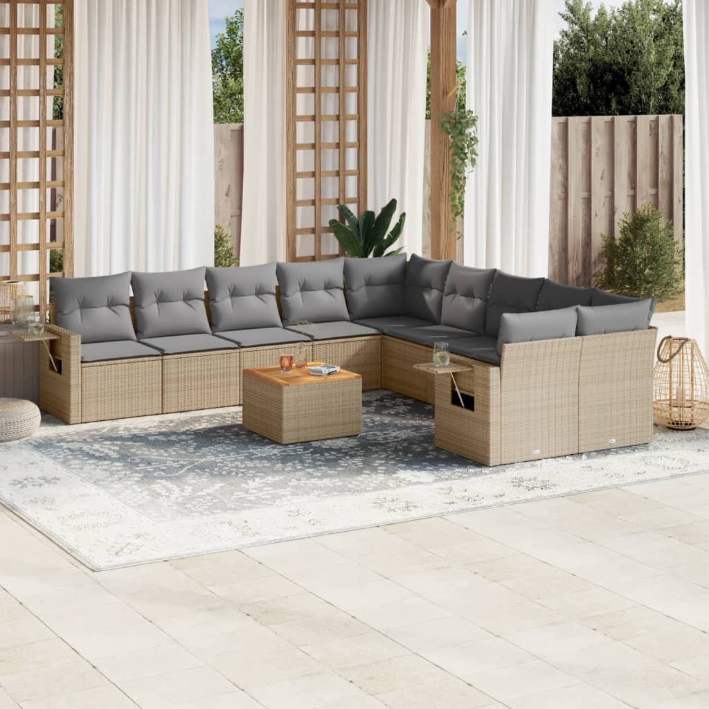 11-tlg. Garten-Sofagarnitur mit Kissen Schwarz Poly Rattan