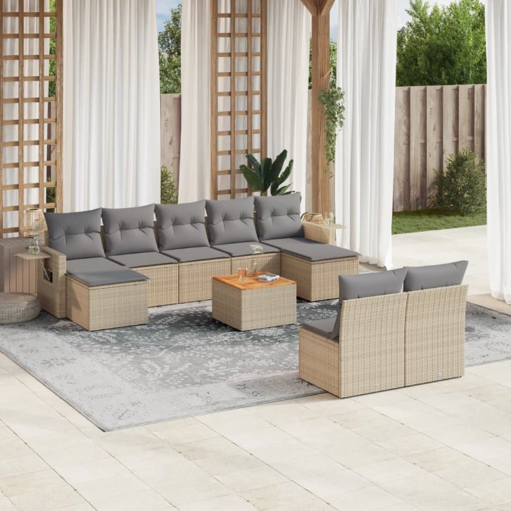 vidaXL 10-tlg. Garten-Sofagarnitur mit Kissen Schwarz Poly Rattan