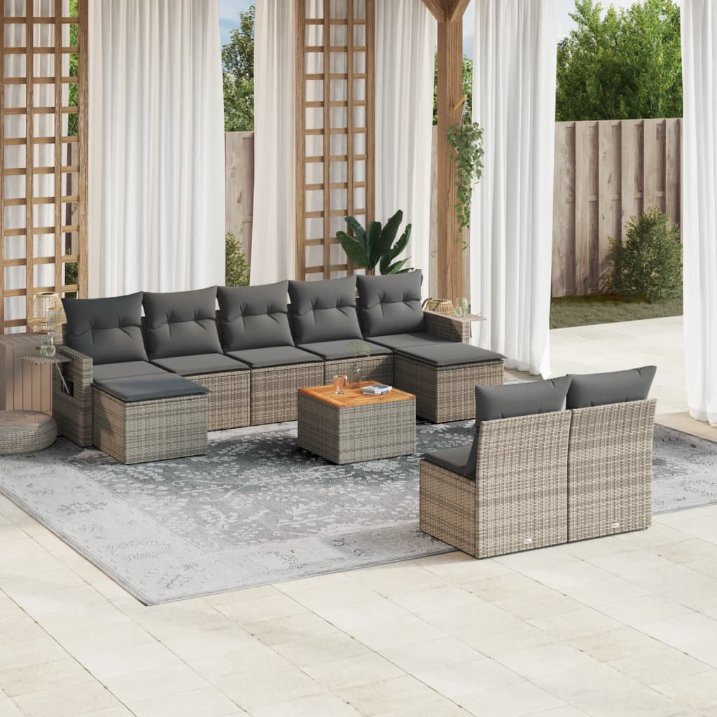 vidaXL 10-tlg. Garten-Sofagarnitur mit Kissen Schwarz Poly Rattan