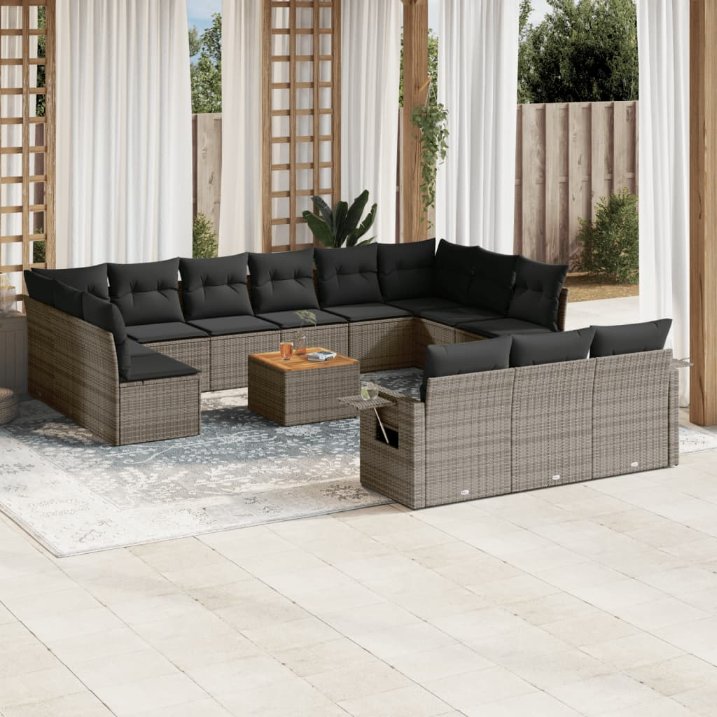 14-tlg. Garten-Sofagarnitur mit Kissen Schwarz Poly Rattan