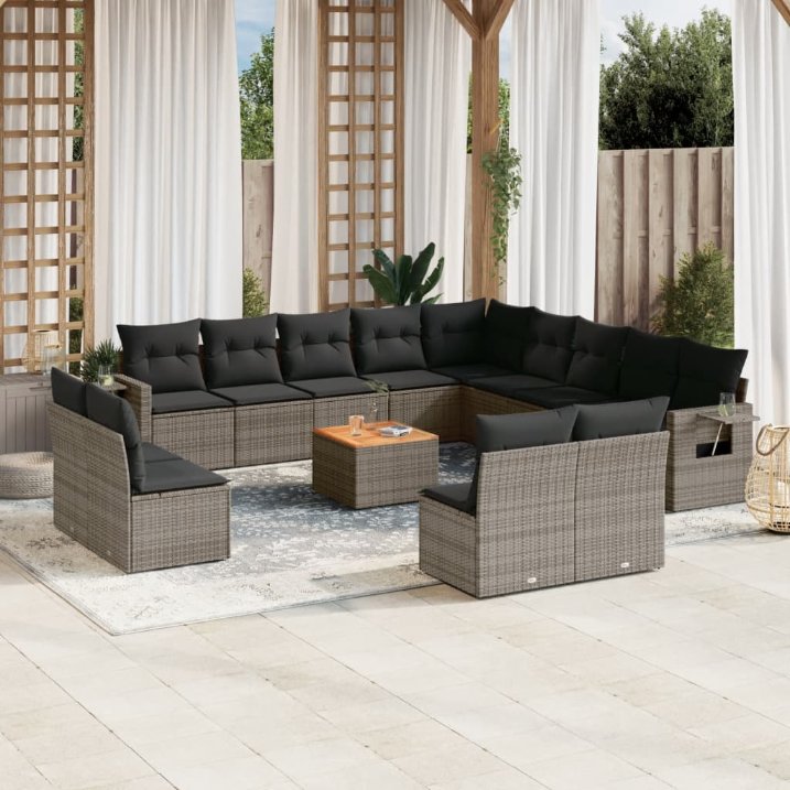 14-tlg. Garten-Sofagarnitur mit Kissen Schwarz Poly Rattan