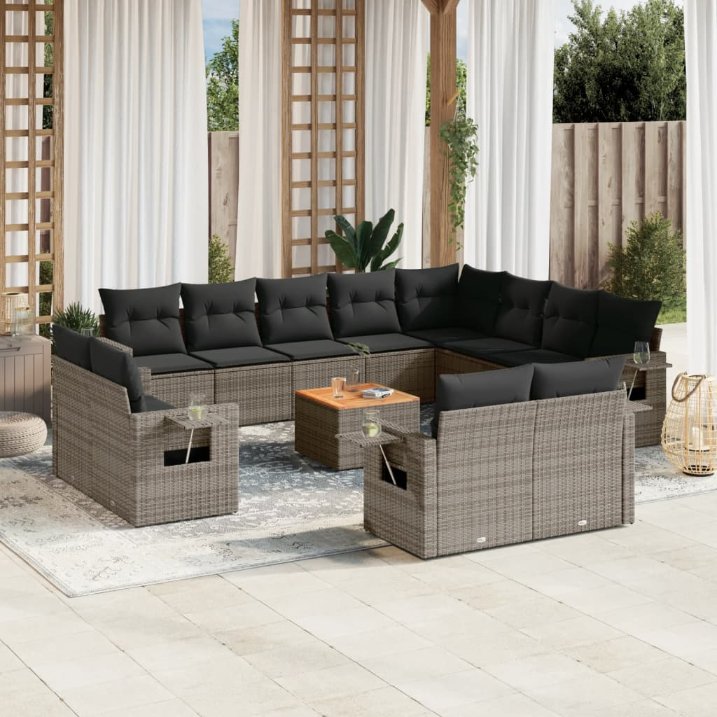 13-tlg. Garten-Sofagarnitur mit Kissen Schwarz Poly Rattan