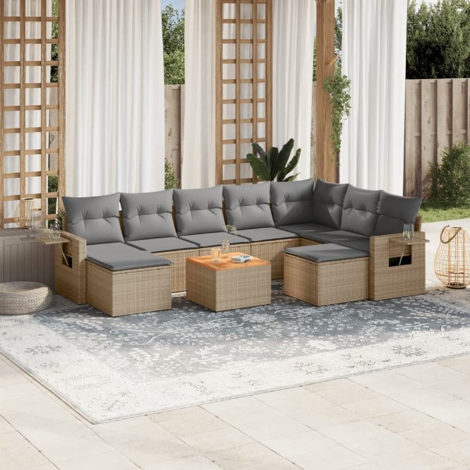 vidaXL 10-tlg. Garten-Sofagarnitur mit Kissen Schwarz Poly Rattan