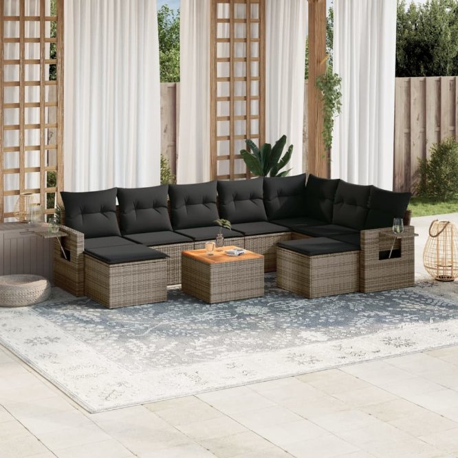 vidaXL 10-tlg. Garten-Sofagarnitur mit Kissen Schwarz Poly Rattan