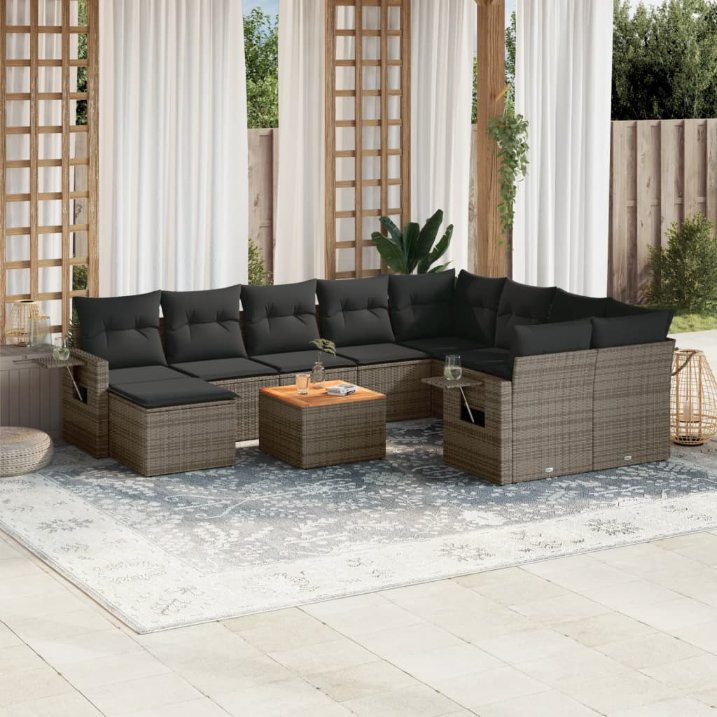 vidaXL 11-tlg. Garten-Sofagarnitur mit Kissen Schwarz Poly Rattan