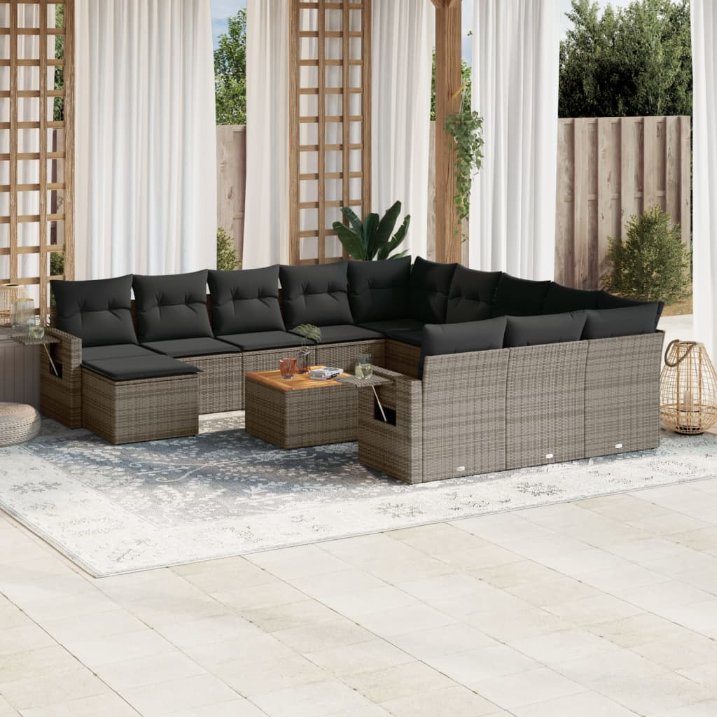 13-tlg. Garten-Sofagarnitur mit Kissen Schwarz Poly Rattan