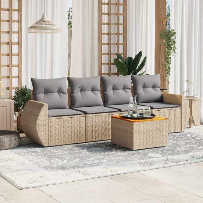 5-tlg. Garten-Sofagarnitur mit Kissen Schwarz Poly Rattan