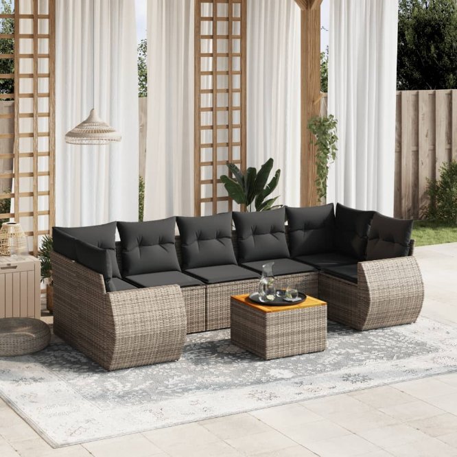 8-tlg. Garten-Sofagarnitur mit Kissen Schwarz Poly Rattan