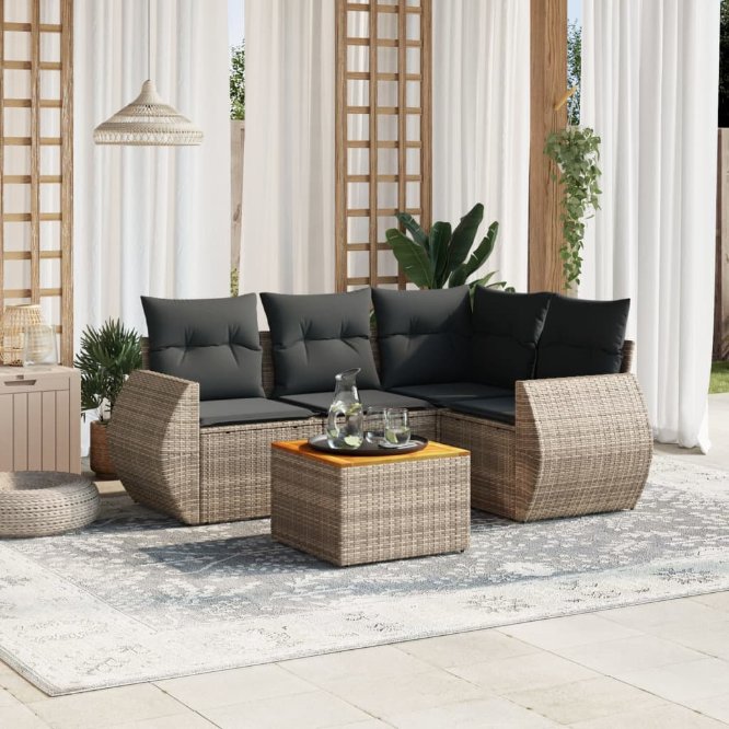5-tlg. Garten-Sofagarnitur mit Kissen Schwarz Poly Rattan