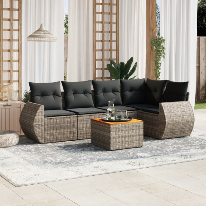 6-tlg. Garten-Sofagarnitur mit Kissen Schwarz Poly Rattan