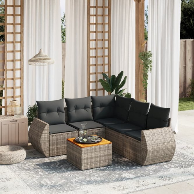 6-tlg. Garten-Sofagarnitur mit Kissen Schwarz Poly Rattan