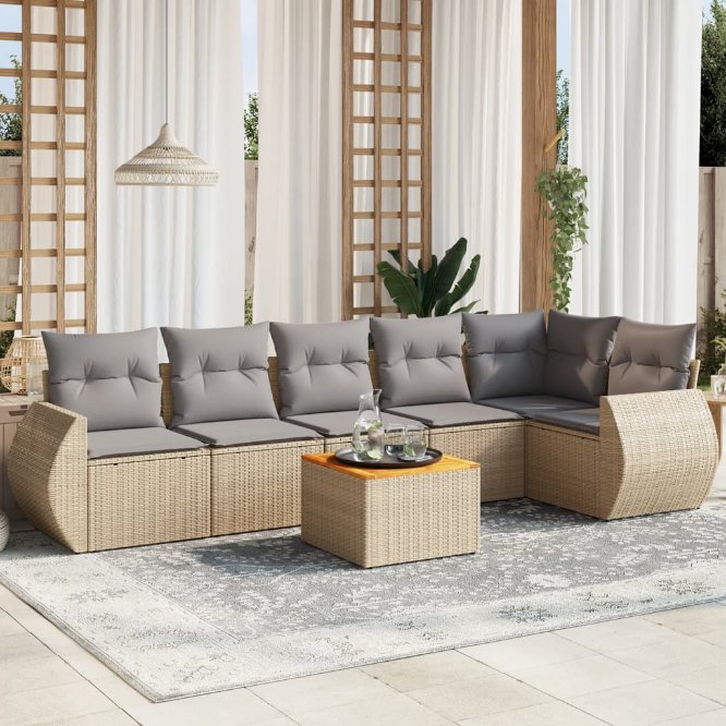7-tlg. Garten-Sofagarnitur mit Kissen Schwarz Poly Rattan