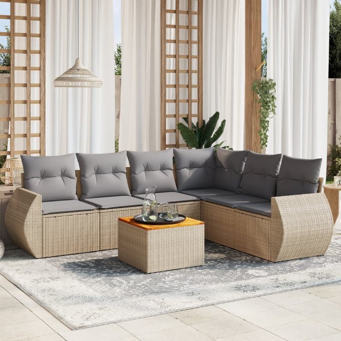 7-tlg. Garten-Sofagarnitur mit Kissen Schwarz Poly Rattan