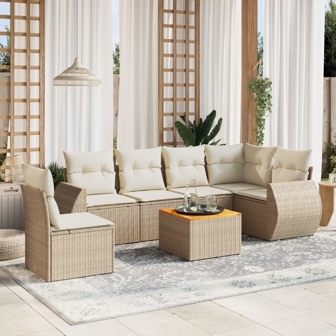 7-tlg. Garten-Sofagarnitur mit Kissen Schwarz Poly Rattan