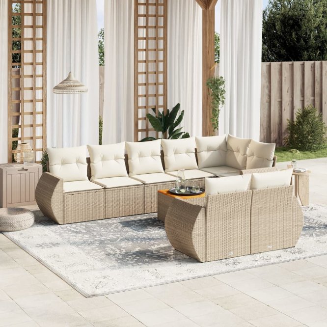 9-tlg. Garten-Sofagarnitur mit Kissen Schwarz Poly Rattan