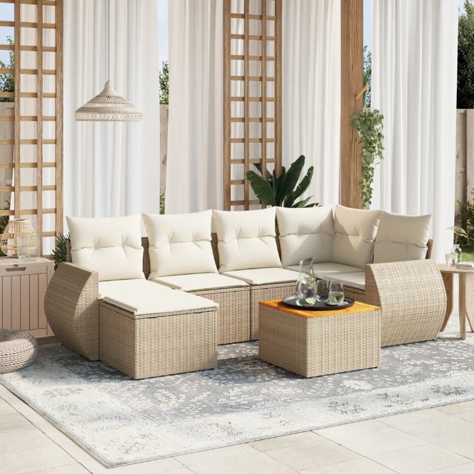 7-tlg. Garten-Sofagarnitur mit Kissen Schwarz Poly Rattan