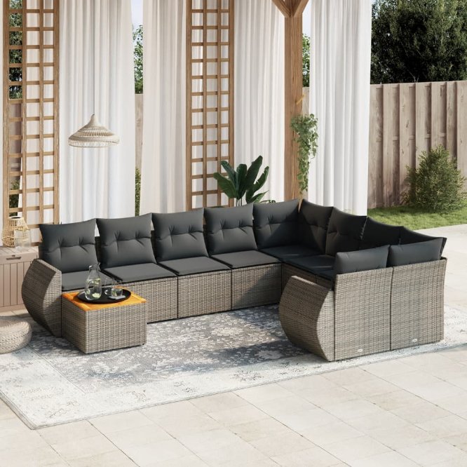 vidaXL 10-tlg. Garten-Sofagarnitur mit Kissen Schwarz Poly Rattan