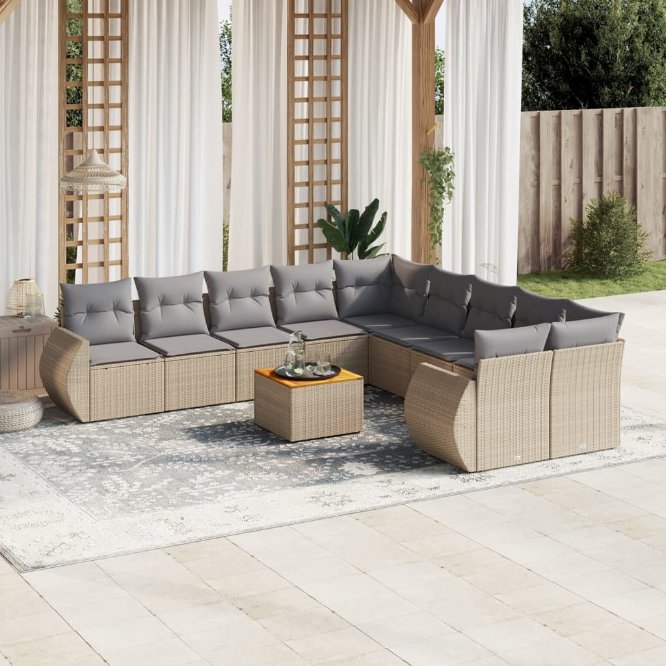 vidaXL 11-tlg. Garten-Sofagarnitur mit Kissen Schwarz Poly Rattan