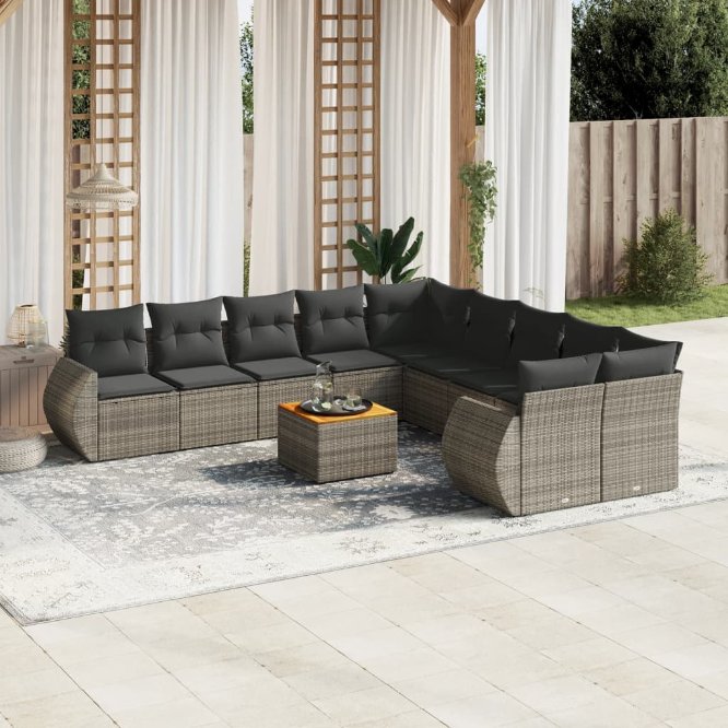 vidaXL 11-tlg. Garten-Sofagarnitur mit Kissen Schwarz Poly Rattan