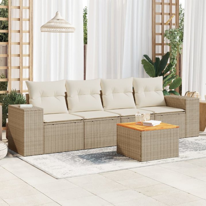 5-tlg. Garten-Sofagarnitur mit Kissen Schwarz Poly Rattan