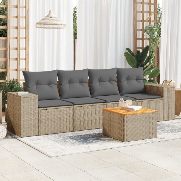 5-tlg. Garten-Sofagarnitur mit Kissen Schwarz Poly Rattan