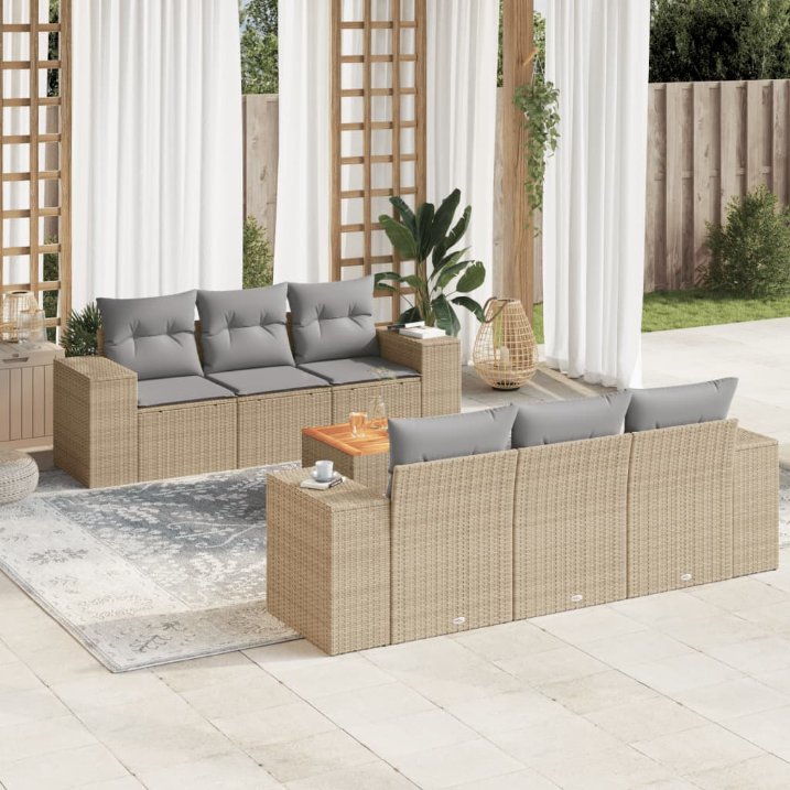 7-tlg. Garten-Sofagarnitur mit Kissen Schwarz Poly Rattan