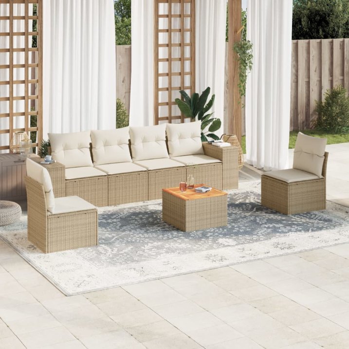 7-tlg. Garten-Sofagarnitur mit Kissen Schwarz Poly Rattan