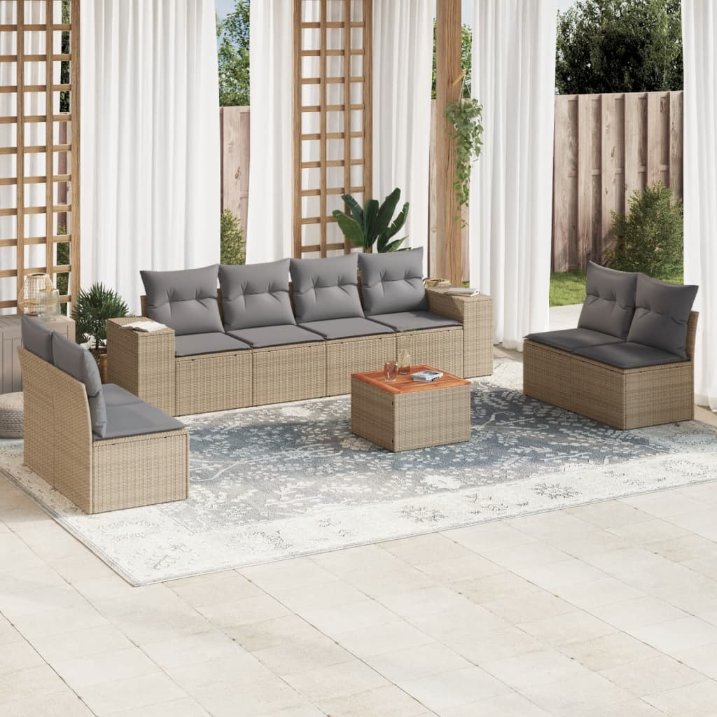 9-tlg. Garten-Sofagarnitur mit Kissen Schwarz Poly Rattan