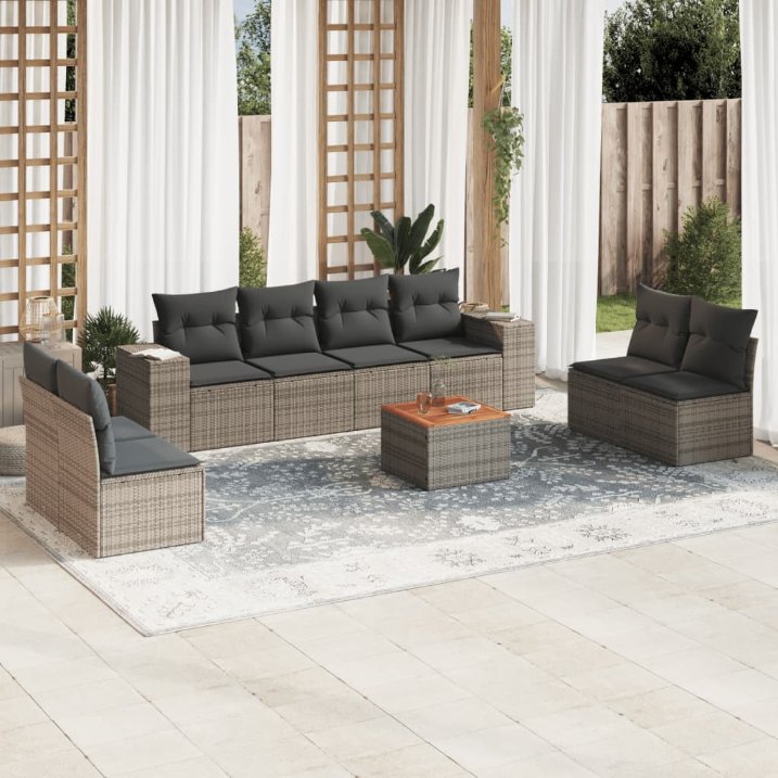 9-tlg. Garten-Sofagarnitur mit Kissen Schwarz Poly Rattan