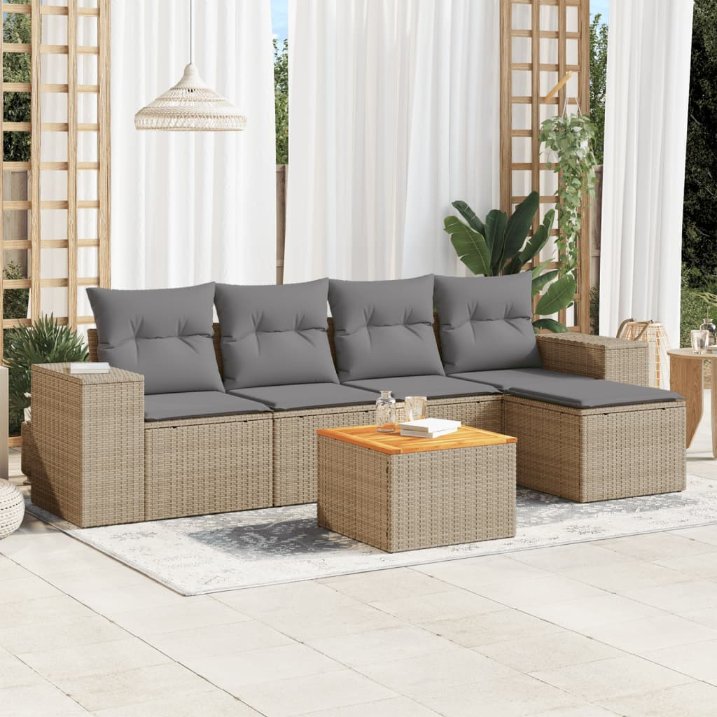 6-tlg. Garten-Sofagarnitur mit Kissen Schwarz Poly Rattan