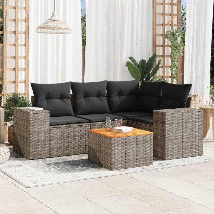 5-tlg. Garten-Sofagarnitur mit Kissen Schwarz Poly Rattan