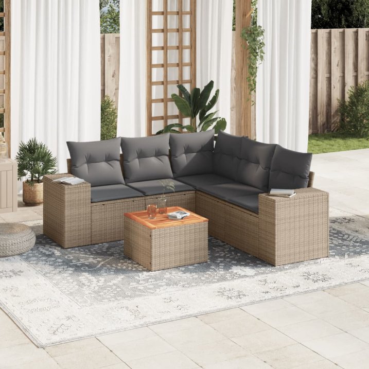 6-tlg. Garten-Sofagarnitur mit Kissen Schwarz Poly Rattan